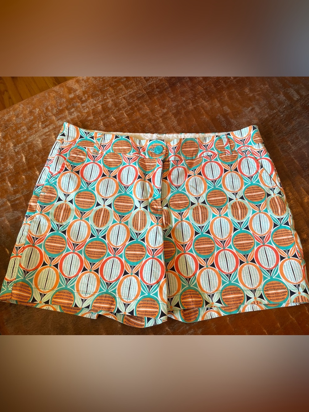 Crown & Ivy Caroline fit Geometric Print Casual Shorts in Teal and Orange 12